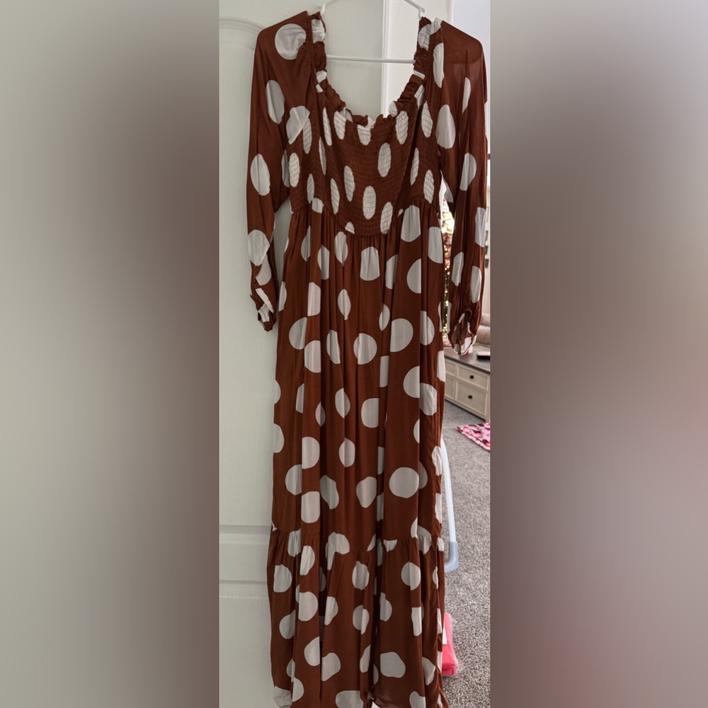Pink Lily Brown Maxi Dress with White Polka Dots